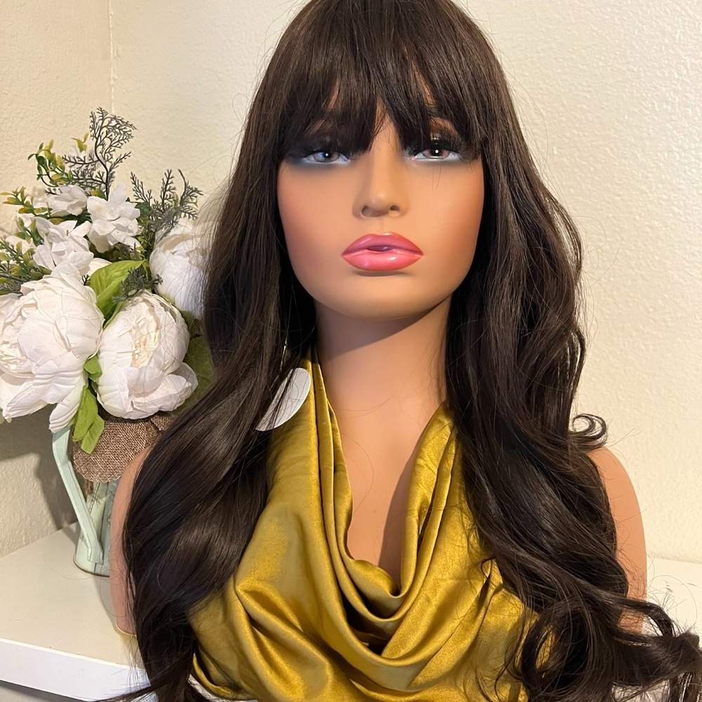 Wavy Dark Brown Long Wig With Bangs 26”